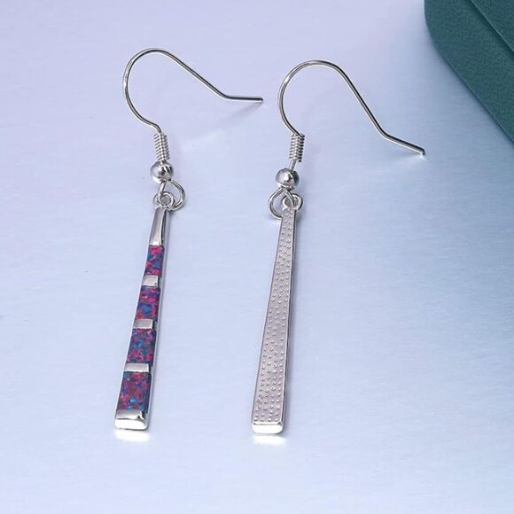 14K White Gold with Genuine Black Fire Opal Dangling Hook Tapered Bar Earrings - Picture 3 of 5